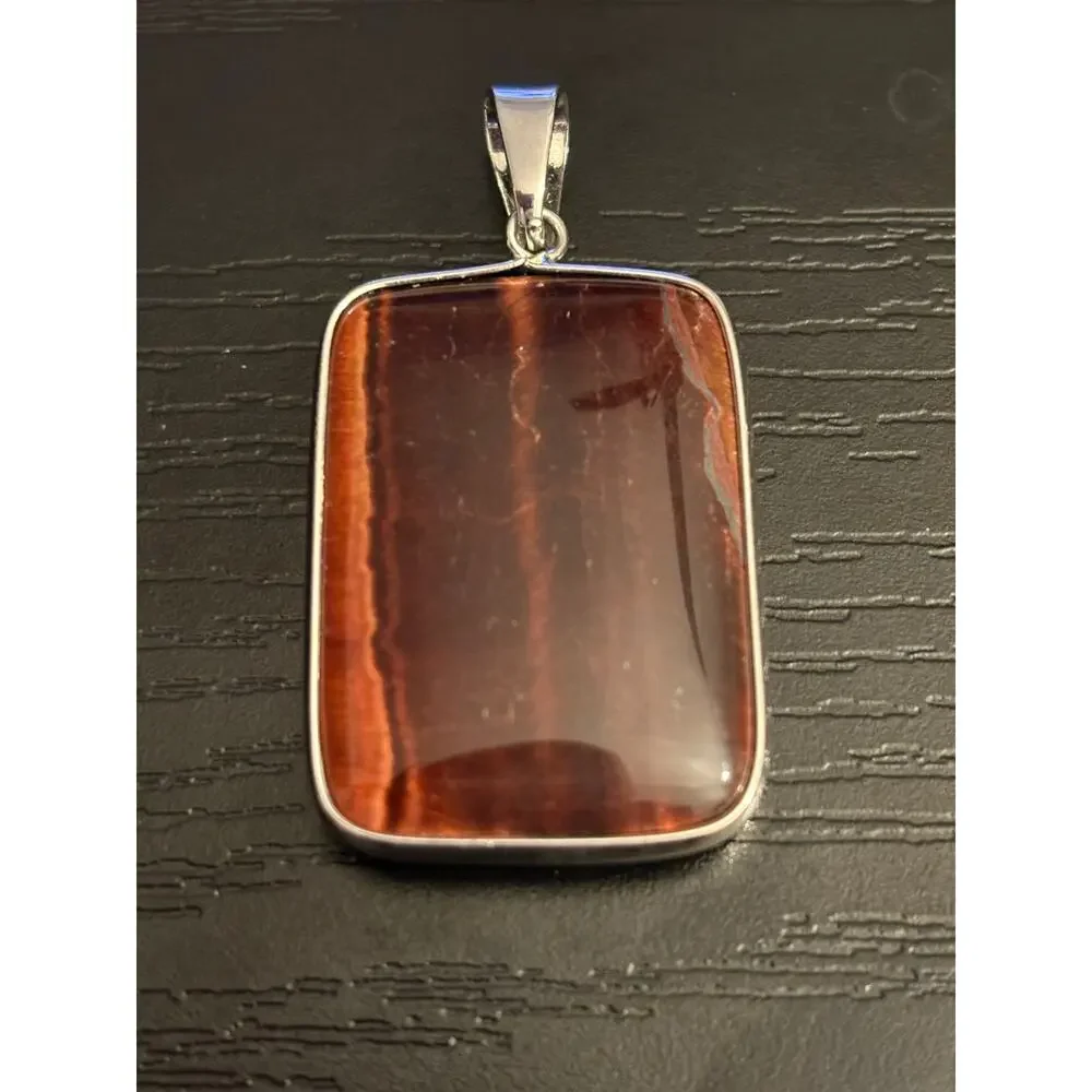 Vintage NOS Reddish Brown Rectangle Stone Pendant Silver Tone
